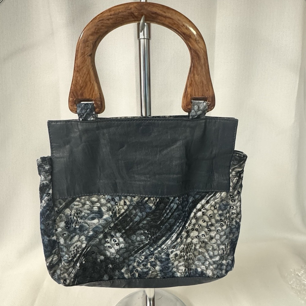 Charming Handmade Fabric/leather And Faux Wood‎ Handle Purse Navy